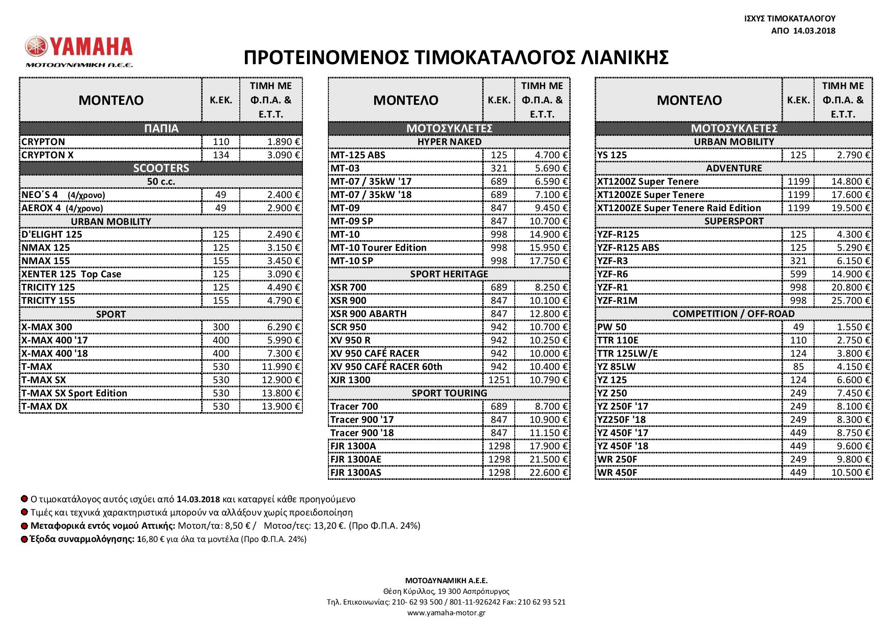 yamaha 2018 03 14 Pricelist 